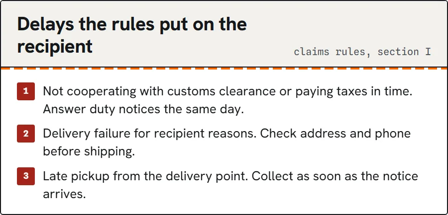 Checklist of recipient-side delays excluded by the claims rules.