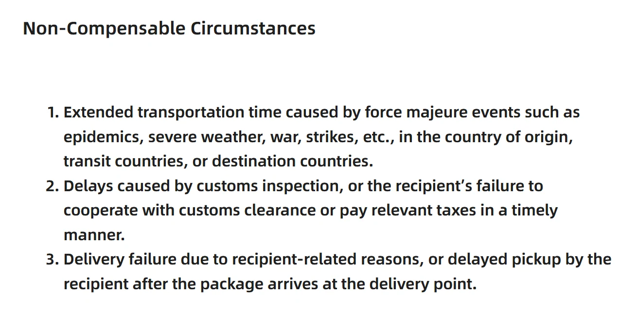The non-compensable circumstances list in section I of iTaoBuy's claims rules.