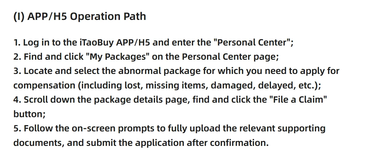 The APP/H5 operation path in iTaoBuy's submission guidelines.
