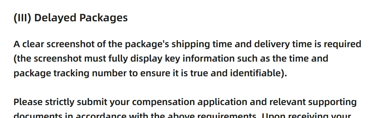 Section III (III) Delayed Packages in iTaoBuy's submission guidelines.