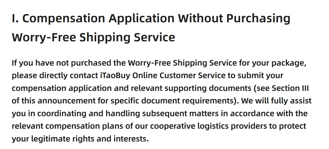 Section I of iTaoBuy's submission guidelines: compensation application without Worry-Free Shipping.