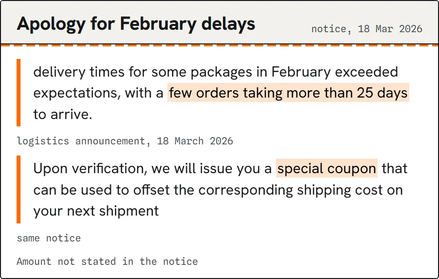 Quotation card from iTaoBuy's 18 March 2026 apology notice.