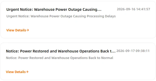 Two iTaoBuy notice cards: Power Restored and Warehouse Operations Back to Normal, and Urgent Notice: Warehouse Power Outage Causing Processing Delays.
