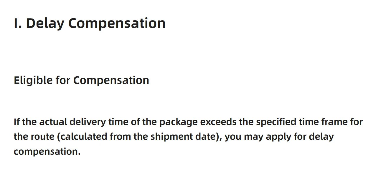 Screenshot of the Delay Compensation section of iTaoBuy's claims rules page.