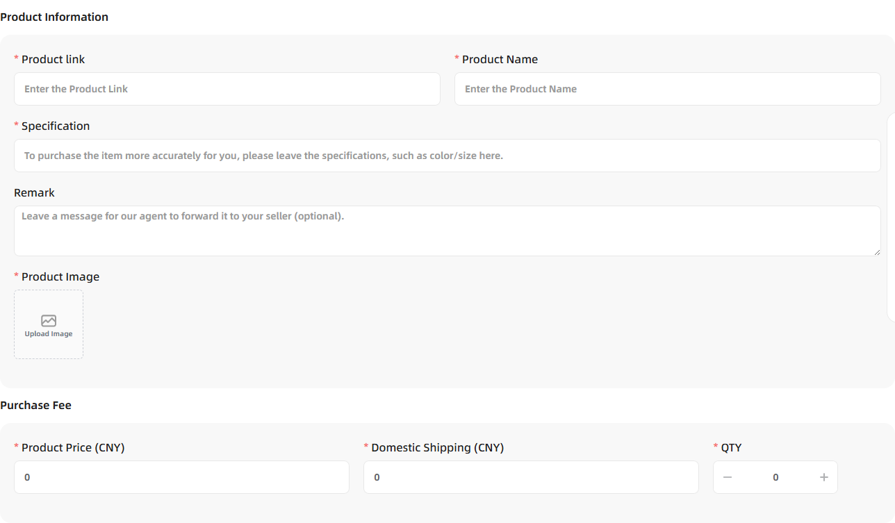 Official Fill&Buy form showing product details, specification, image and purchase-fee inputs